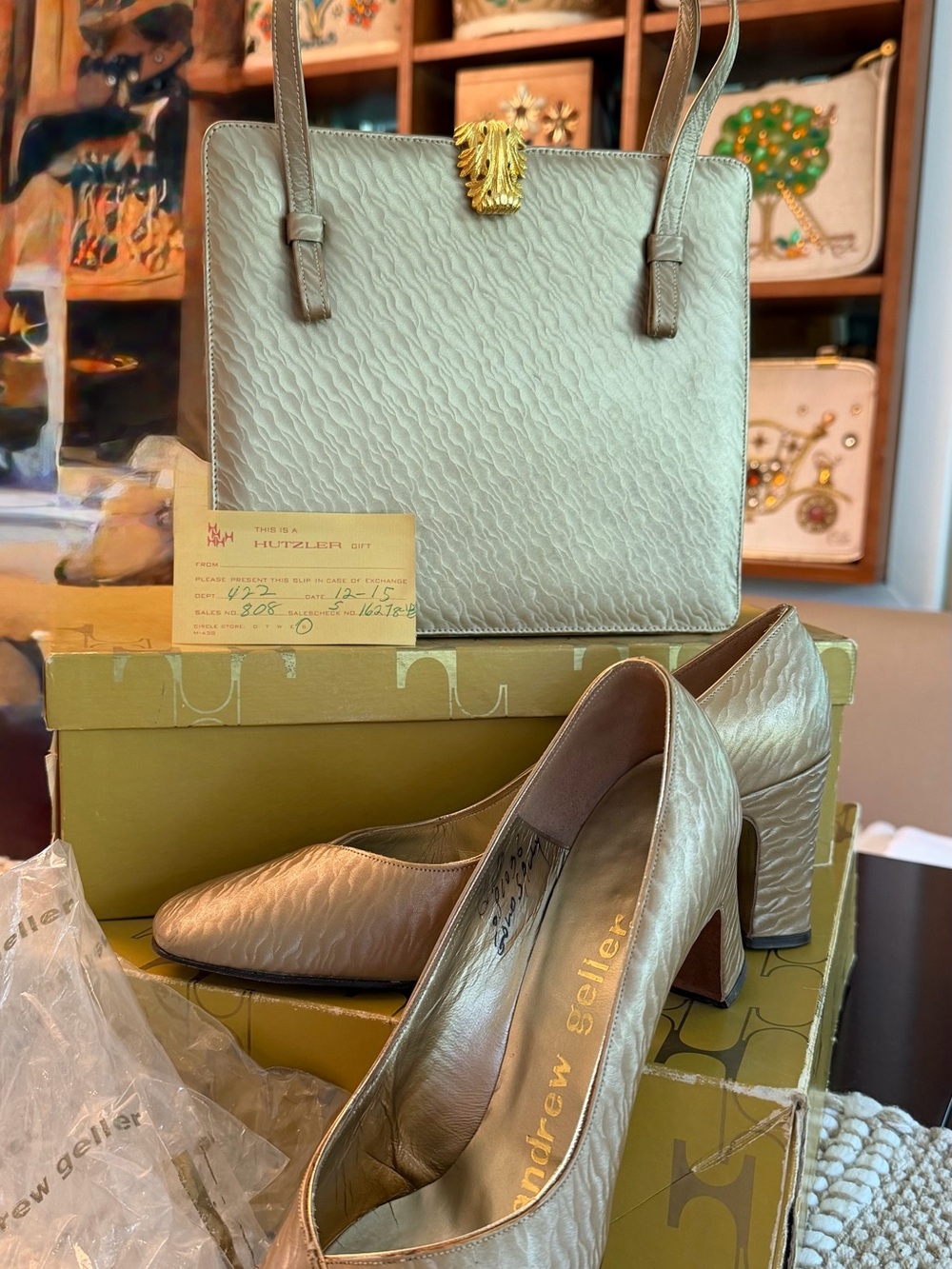 Andrew Geller signed “Gold Sally” Metallic Gold Pumps and Matching Handbag boxed